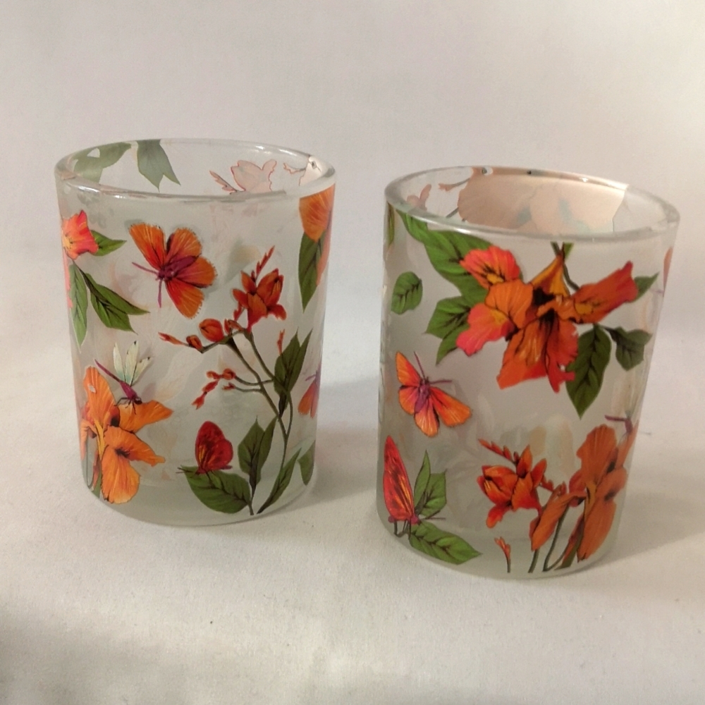 Set of Two Frosted Glass PartyLite Candle Holders, Orange Lillies & Butterflies
